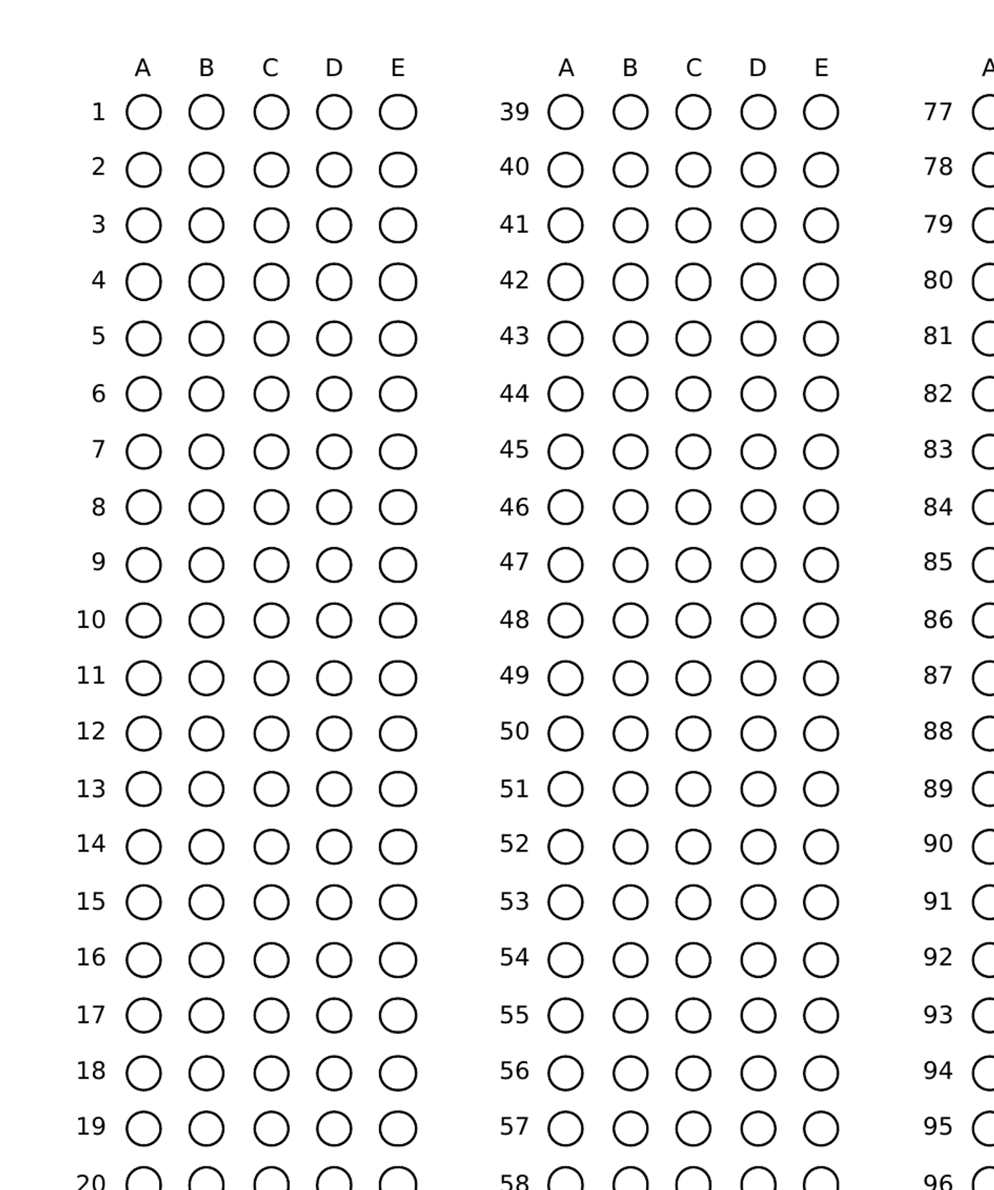 A printed Civil Service Practice answer sheet, numbered rows of A to E bubbles ready to be shaded in pencil.